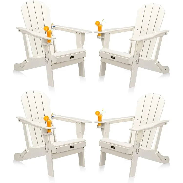 Plastic Adirondack Chairs Set of 4, Folding with Cup Holder, Waterproof HDPE Material, Comfortable 380lb Weight Capacity