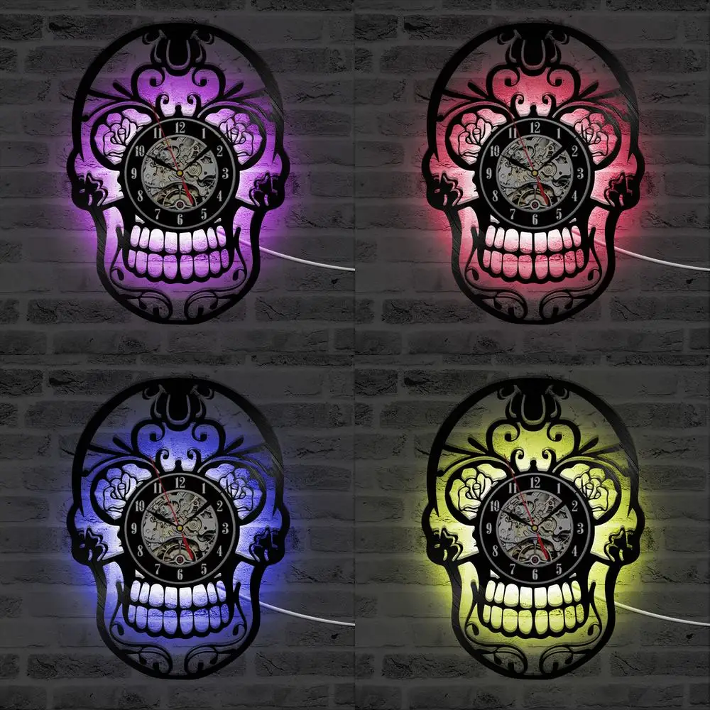 

3D полые виниловые пластинки настенные часы череп креативный художественный дизайн часы декоративные настенные часы