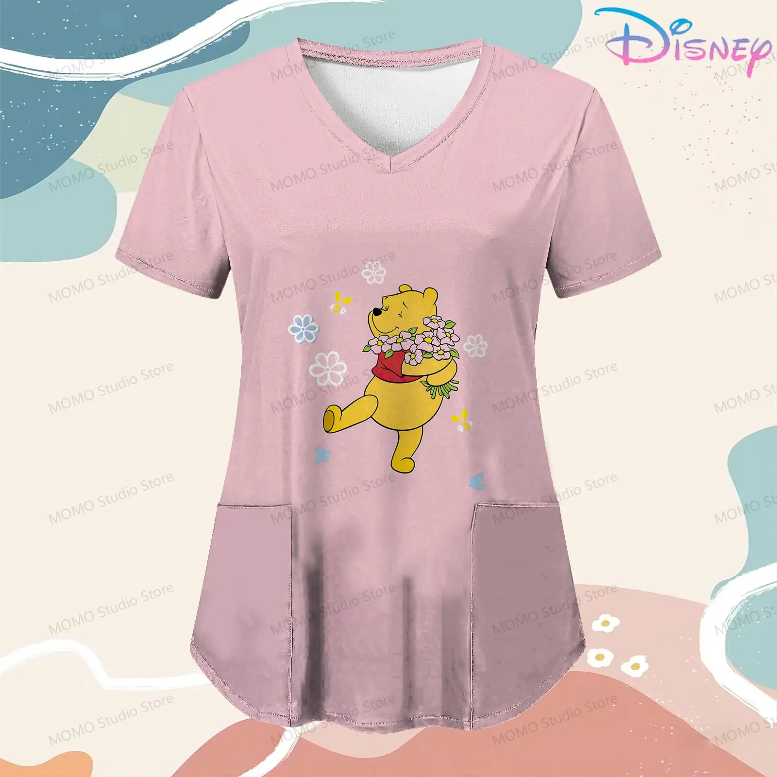 Women's Nurse Uniform T-Shirt 2024 Winnie Pooh Woman Clothes Disney V Neck Tshirt Anime Hospital Cute Tops Pocket New S-2XL Y2k