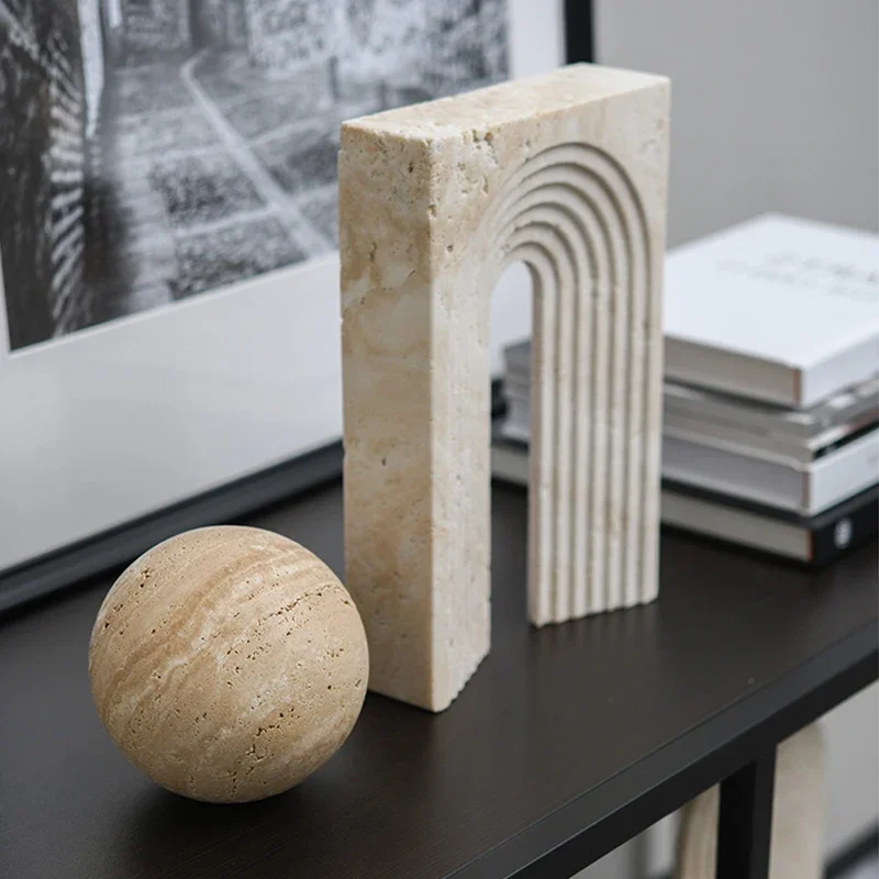 

Minimalist Natural Marble Archway Shape Ornament Luxury Travertine Stone Table Geometric Decoration Crafts Gift Home Decor