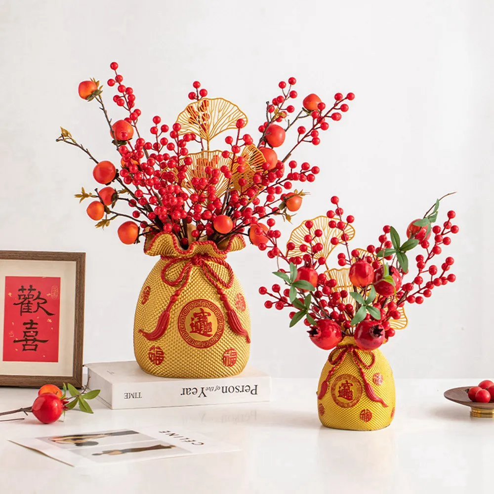 

Fu bag vase resin decoration dried flowers living room new Chinese flower arrangement Holly simulation flower wedding houseware