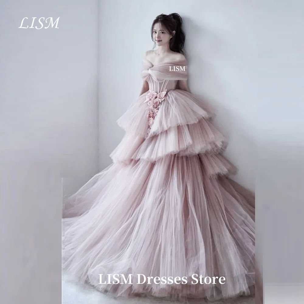 

LISM Luxury Off Shoulder Korea Wedding Party Dresses Tulle Customize Photo Shoot Tiered Corset Prom Dress Robe Princess Bebe