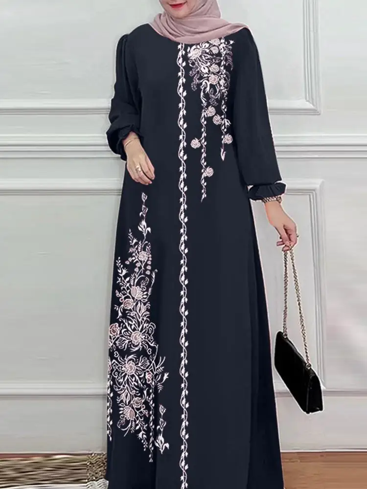Zanzea pikkade varrukatega islami pikkade rüüde abaya naised moslemi moodi o kael vabaaja vestidos lahti kalkuni lilleprintimine maxi kleit