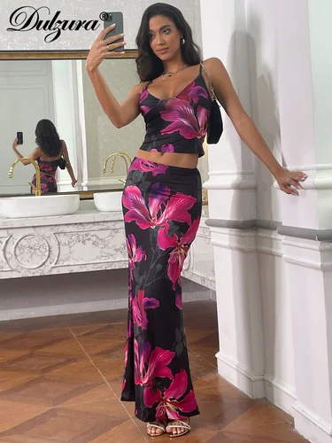 Dulzura-traje Sexy a juego para mujer, Tops con estampado Floral, camisola, falda por debajo de la rodilla, conjuntos de vestidos, trajes Y2K, ropa de calle para fiesta y Club