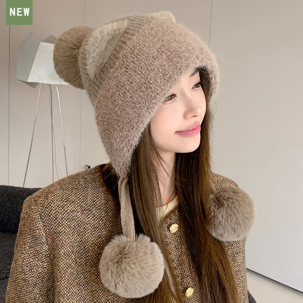 

HT4535 Cute Ears Three Pompoms Winter Beanies Thick Warm Knitted Hats for Women Fleece Lined Skullies Beanies Ski Earflap Caps