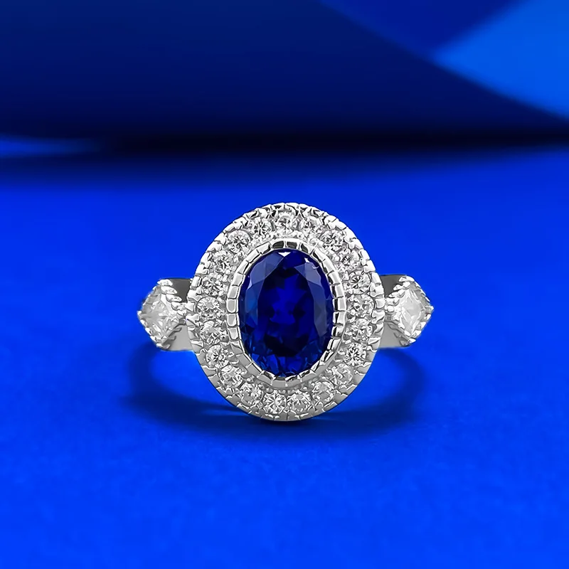 S925 Silver Ring Royal Blue 6 * 8mm Elliptical Zircon Bead Inlay Craftsmanship Classic Elegant Women's Jewelry