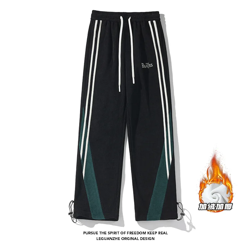 

【Mirrordust】2025Зимние спортивные штаны больших размеров на флисовой подкладке, европейские хлопковые бархатные спортивные штаны с лентой, теплые мягкие повседневные длинные брюки в полоску M-5X
