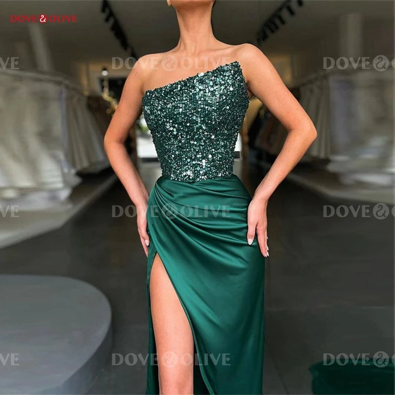 

Hunter Green Evening Dresses Long Side Slit Prom Gown Sleeveless Sequined Floor Length Mermaid Bling Night Sexy Party Gown Gala