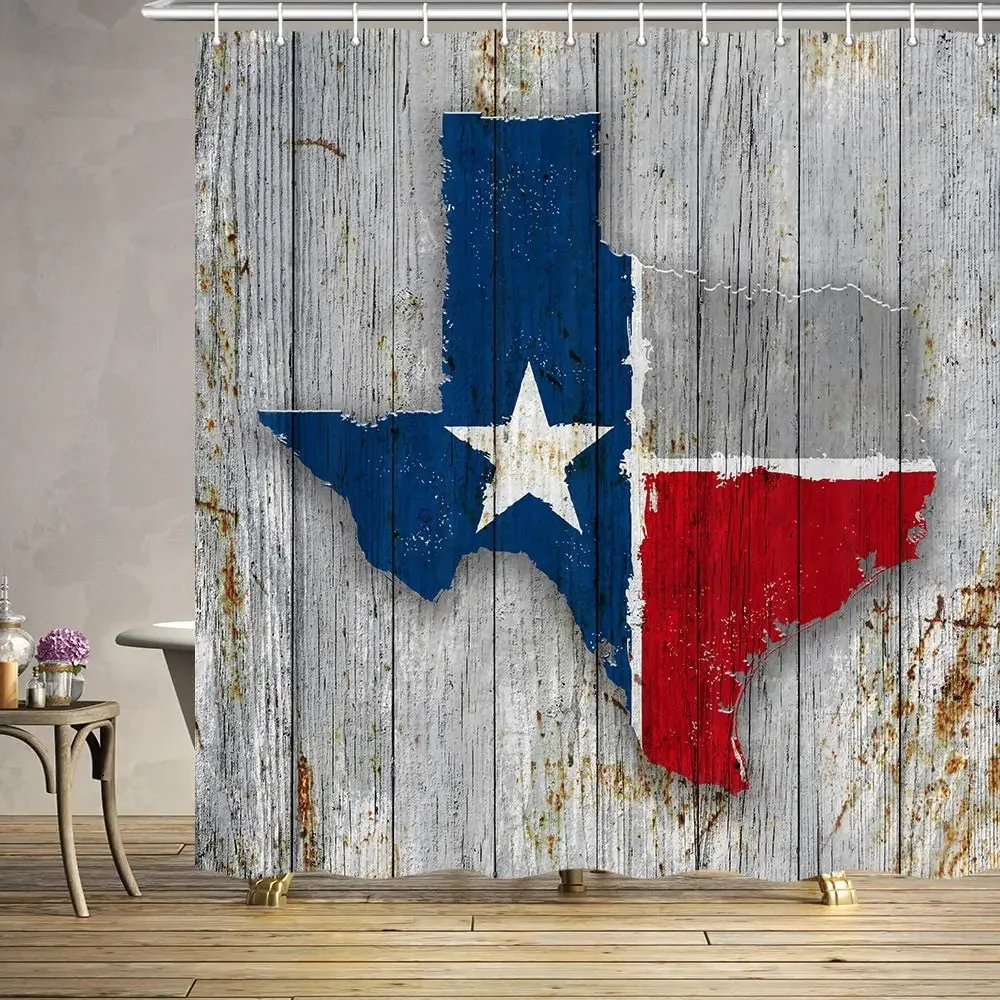 Map Texas Flag on Rusty Rustic Wooden Board American Southwestern Profession Polyester Fabric Bath Accessories Curtains