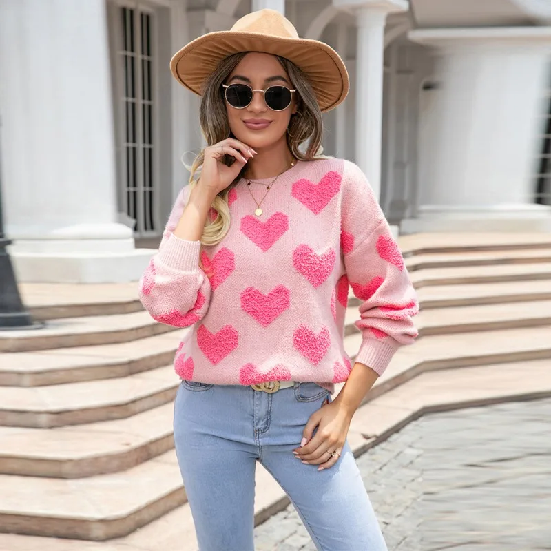 YEMOGGY Fashion Heart Love Knit Pullover Sweater Winter Women\'s Pullover 2023 New Casual Loose Full Sleeve Warm Thick Sweater