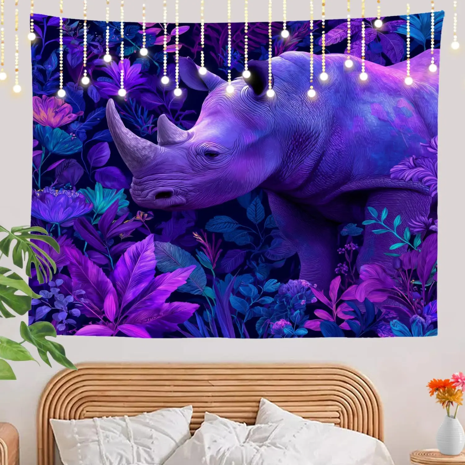Boho Rhino Tapestry Wall Hanging Purple Floral Tropical Safari Animal Print Fabric Decor Home Room Decoration