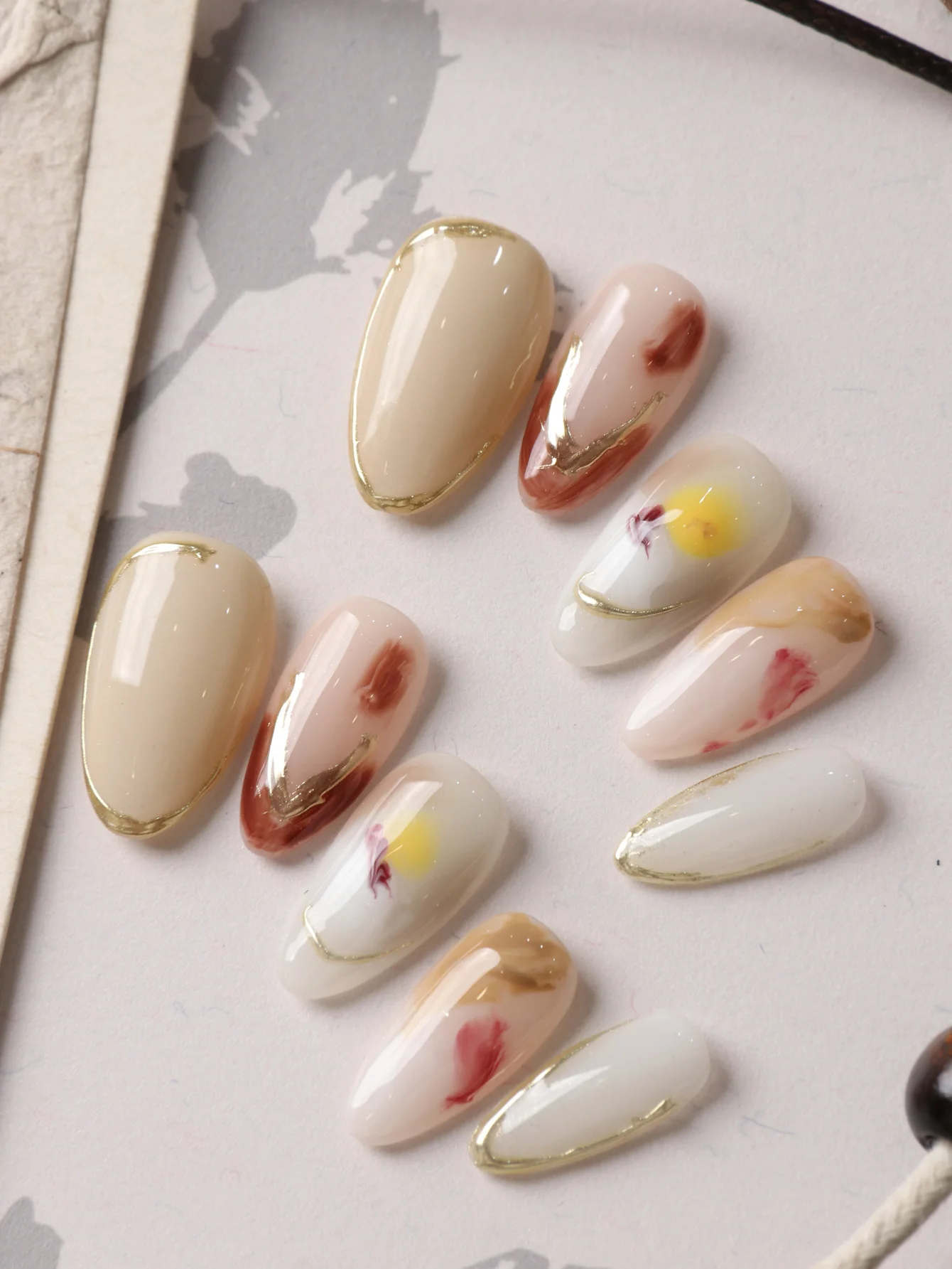 10Pcs Press on Nails Short Almond Pink Yellow White Halation Fake Nails Includes 1 Sheet of Adhesive Tabs & 1 Pc Mini File