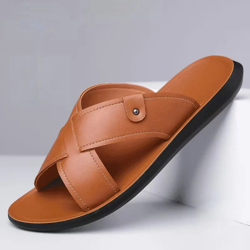 

Men Genuine Leather Big Size One Word Slippers Summer New Soft Sole Non Slip High Quality Flat Sole Outdoor Beach Slipper Sandal
