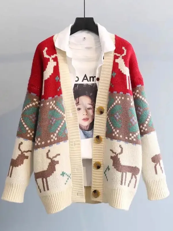 

Women's Knitted Sweater Cardigan V-Ne Thiened Retro All-Match Embroidery Outerwear Korean Sle Loose Fit Autumn Winter N...