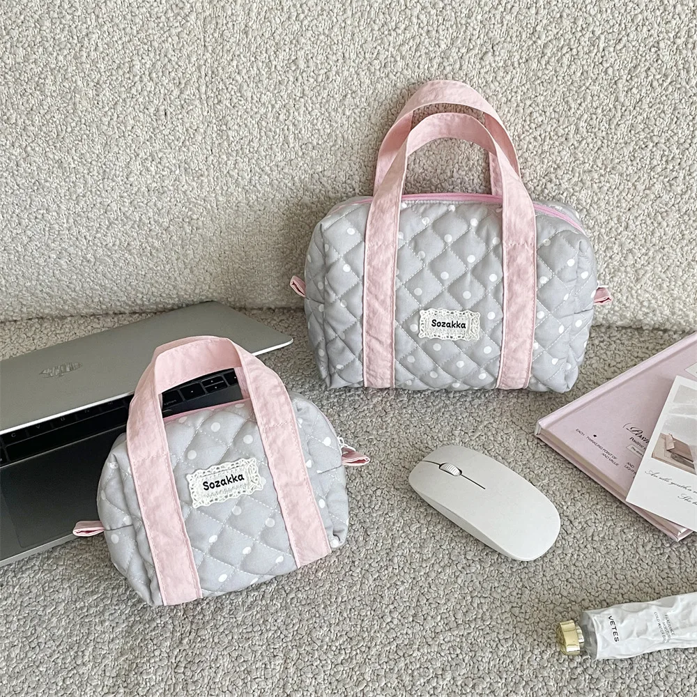 Korean Polka Dot Quilted Makeup Bag Large Capacity Padded Fabric Handheld Cosmetic Pouch Travel Skincare Toiletry Storage Bag