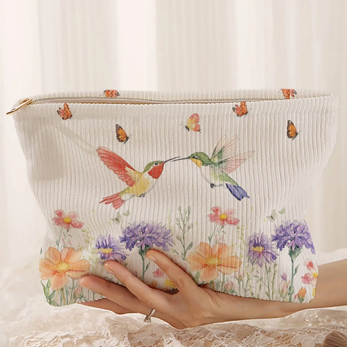 Bolsa de maquillaje de pana con estampado de pájaros, caja de almacenamiento ligera con cremallera, bolsa multifuncional con forro, utilizada para guardar cosméticos