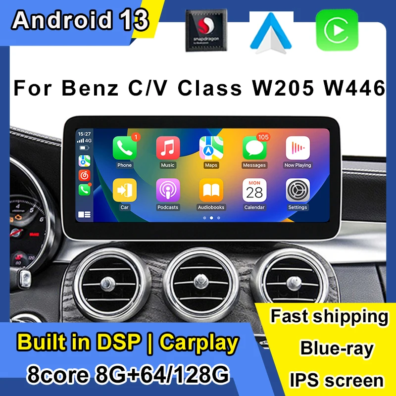 Android 13 Car Screen Player GPS Navi 8+128GB RAM WIFI Google Carplay for Benz C-Class W204 W205 GLC X253 V Class W63