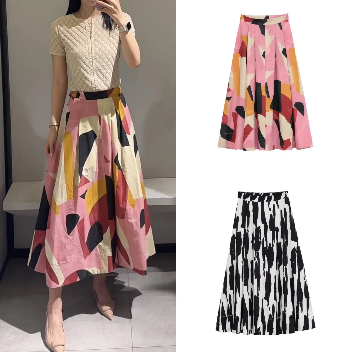 

New 2025 Spring women Skirts elegant romantic A-type color matching printed high-waist MIDI skirt