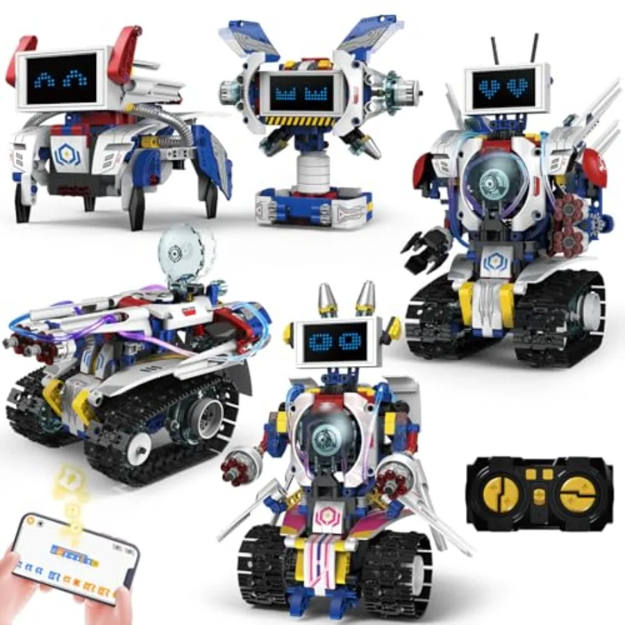STEM robot building kit for kids 6-16: remote app controlled rechargeable engineering learning DIY coding toy in blue plastic 6