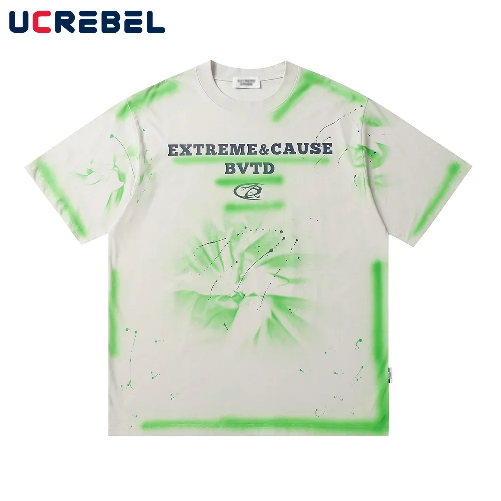 

Spray Paint Letter Print Short Sleeve T-shirt Mens Streetwear Splash Ink Summer Loose Crew Neck Cotton Tee Men