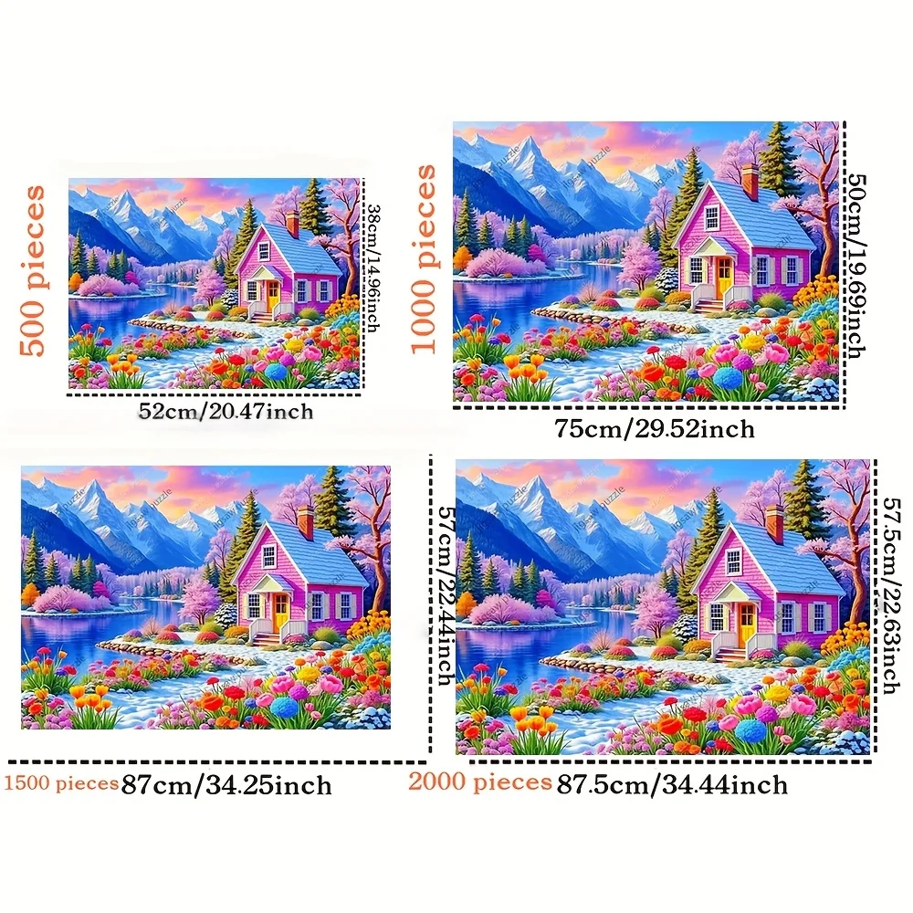 2000/1500/1000/500 قطعة أحجية الصور المقطوعة الخشبية للبالغين - مشهد زهور جبل البحيرة الوردية النابضة بالحياة، تشالينجين الخشبي الفاخر