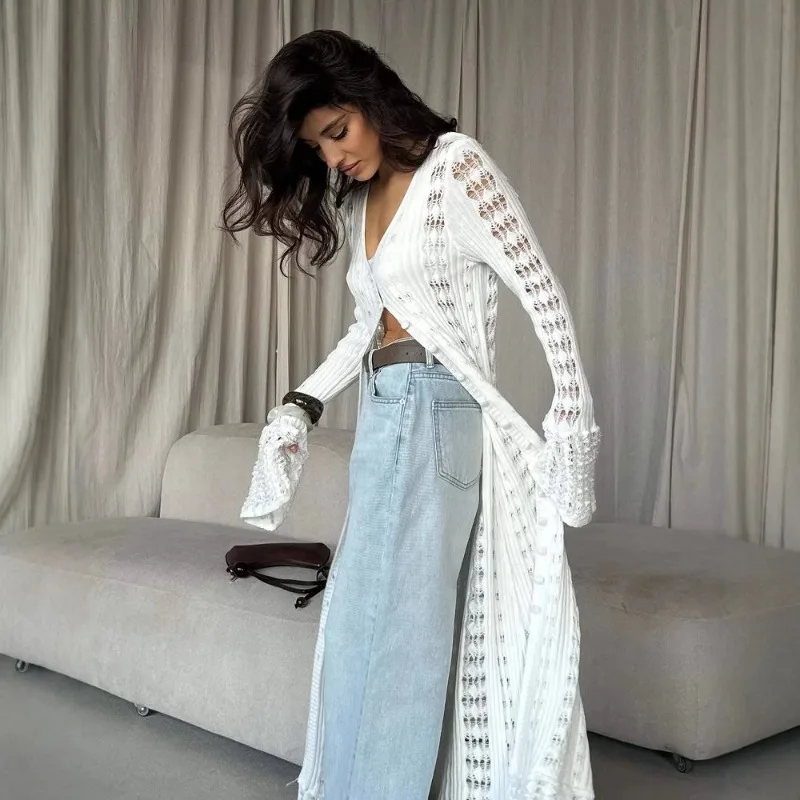 

American style 2025 new spicy girl hollow knitted cardigan layered solid color long sleeved V-neck solid color long top