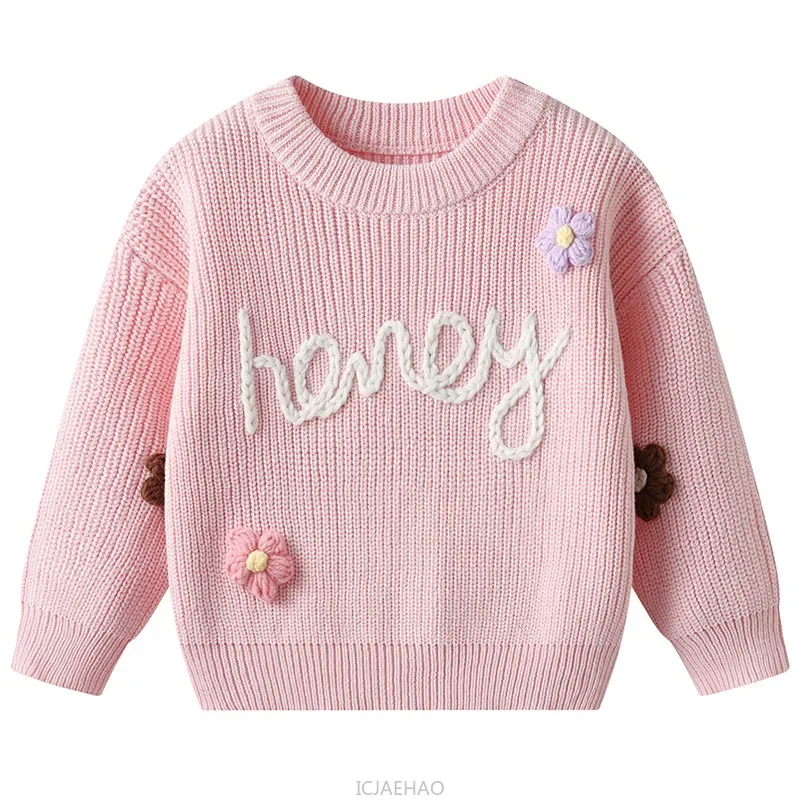 

2025 Children Hand Embroidered Baby Wool Pullover Kids Simple Style Outfits Knit Sweater Costumes Kids Clothes Winter Cotton