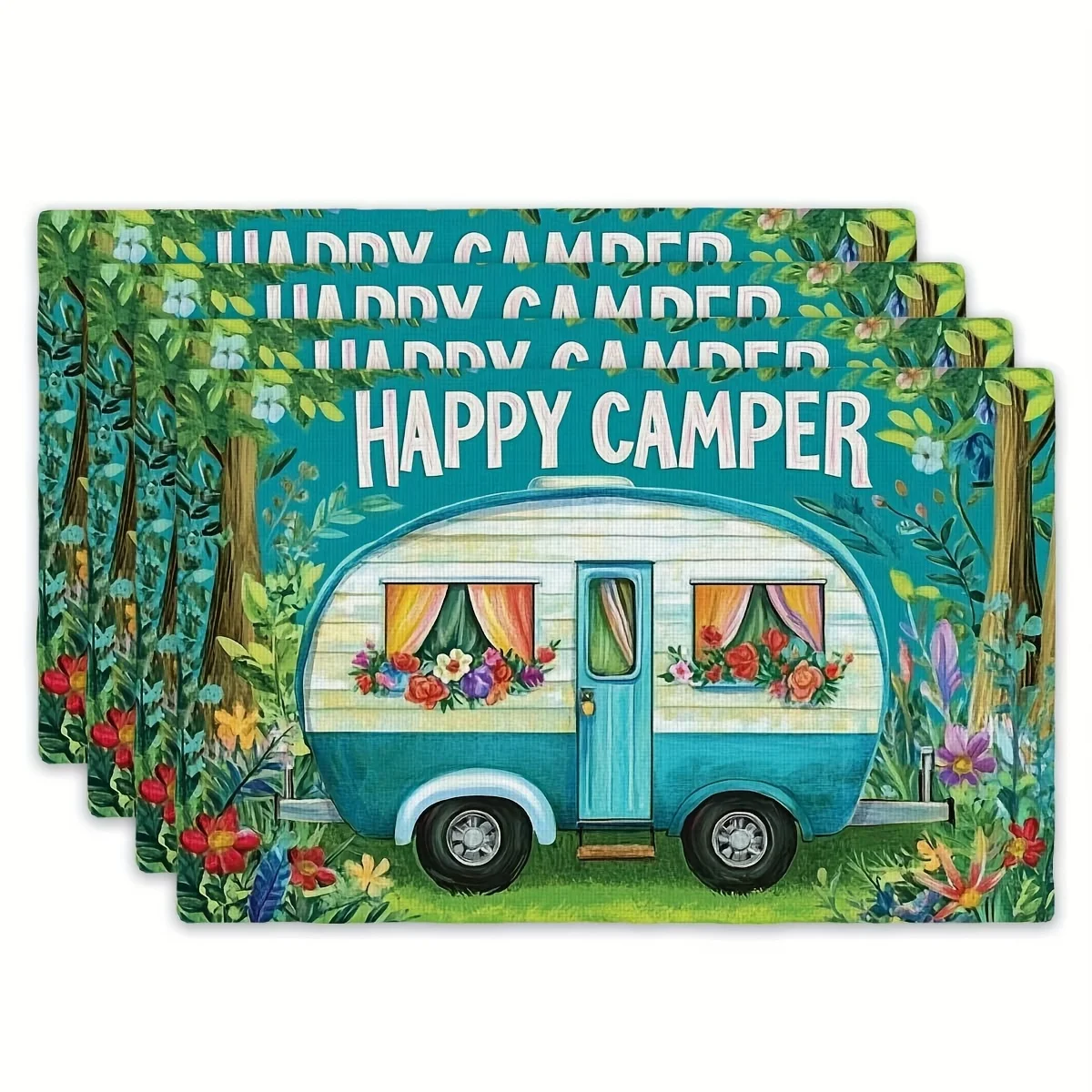 4pcs Happy Camper Vintage Trailer Placemats Set of 4 Nature Themed Linen Table Mats for Outdoor Lovers Decor