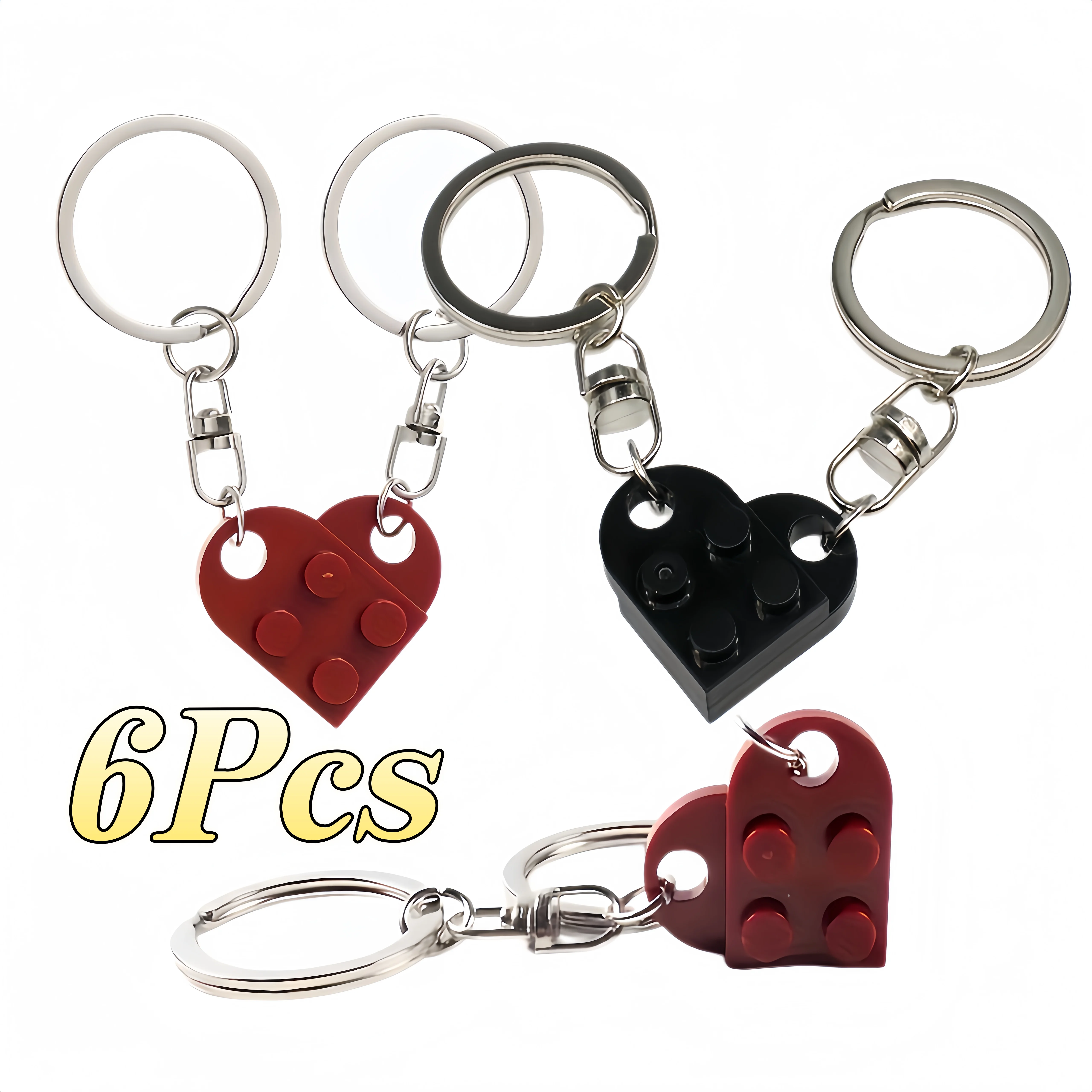 6Pcs Heart Shape Building Block Keychain, Red Black Love Block Key Ring, Valentine Gift for Couple Friends Birthday Present