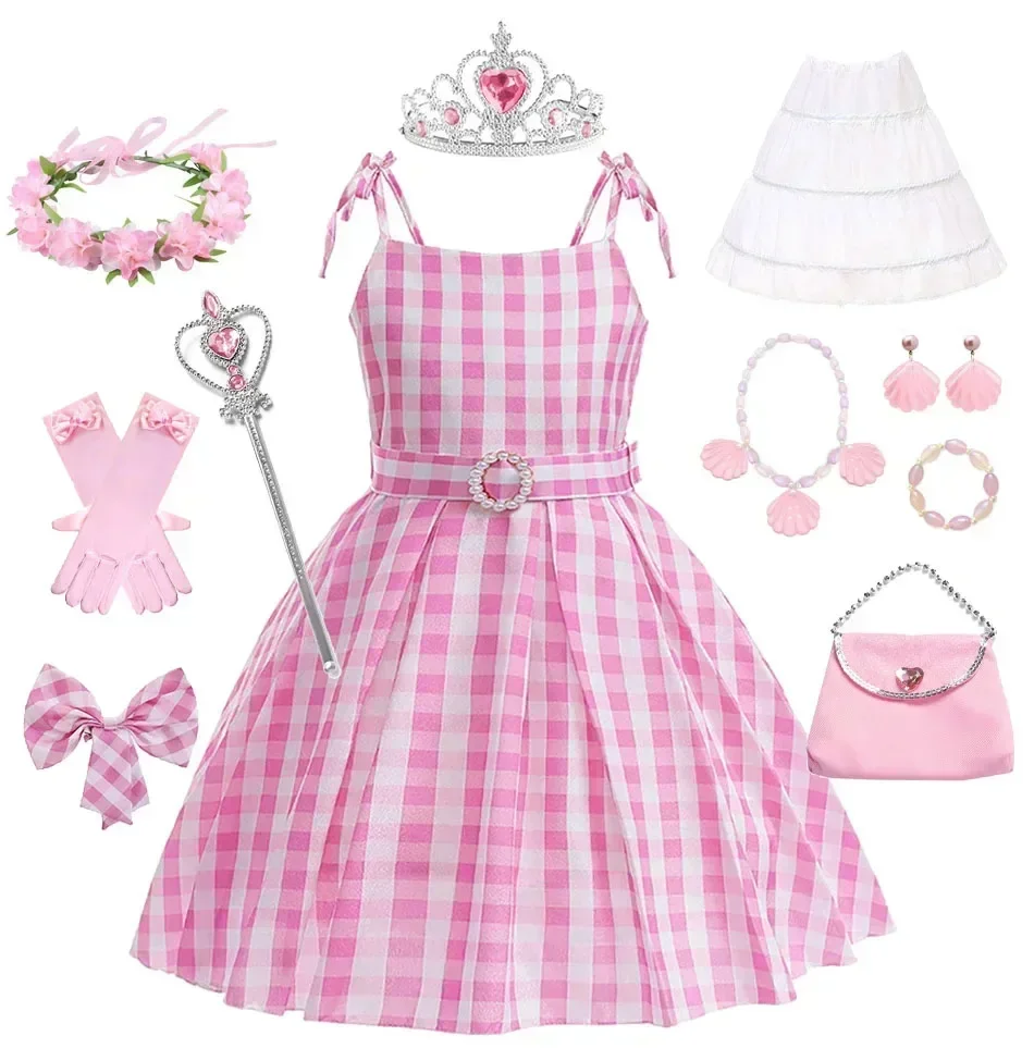

Girls Pink Plaid Casual Dress Barbi Live Action Movies Cosplay Christmas Costume for Halloween Carnival Outdoor Performance Clot