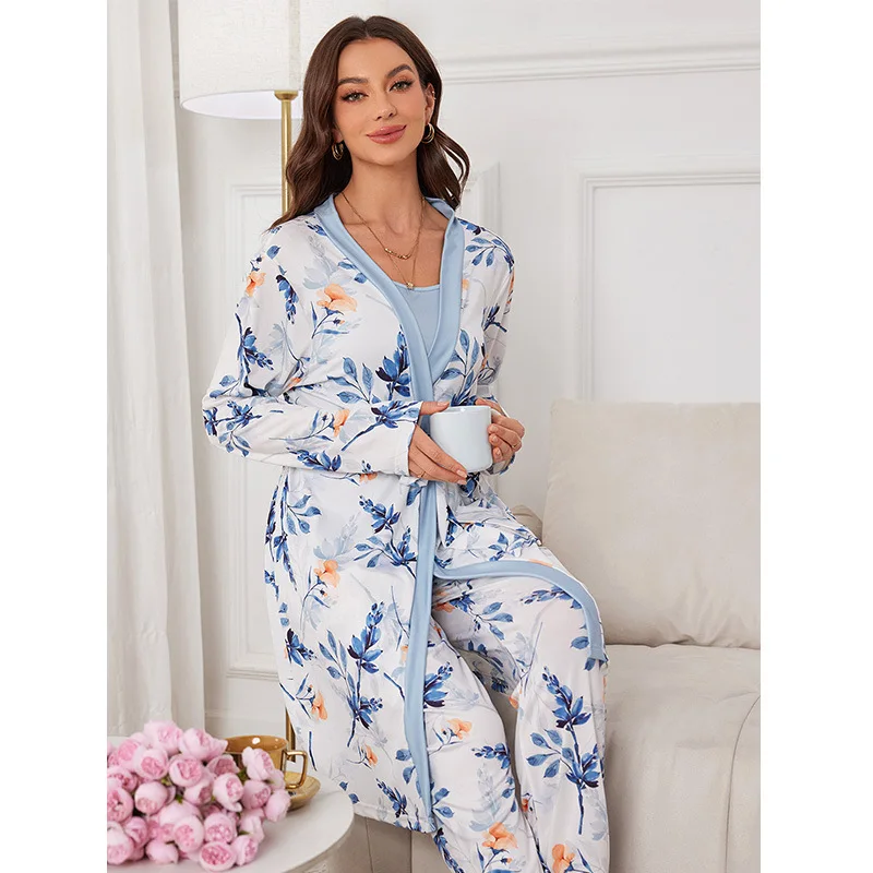 Autumn Winter Female 3PCS Pajamas Set Straps and robes Sleepwear lace up Nightwear Pijamas Suit for women Loose Casual Home Wear