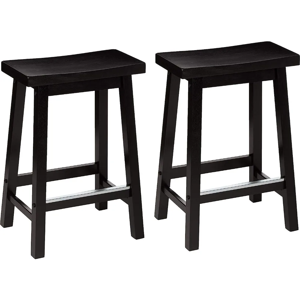 Basics Solid Wood Saddle-Seat Kitchen Counter-Height Stool, 24-Inch Height, Black - Set of 2