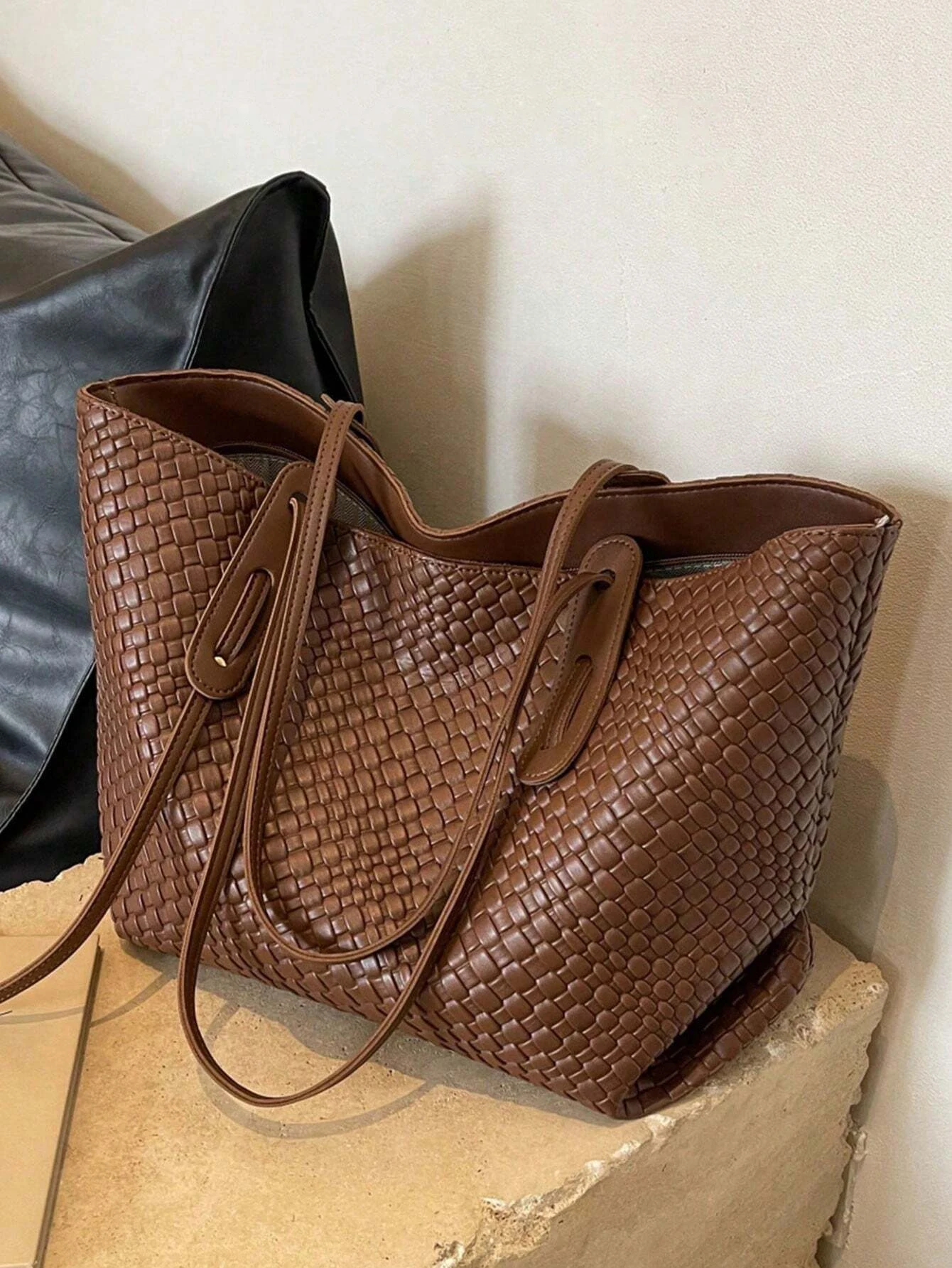

Women's Versatile Solid Color Tote Bag Woven Pattern PU Leather Handbag Large Capacity Casual Commuter Top Handle Shoulder Bag