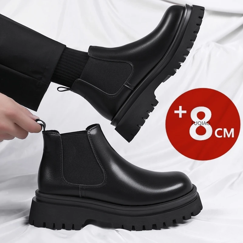 New Men's Genuine Leather Winter Boots 8cm Height Increasing Platform Sole Motorcycle Ankle Boots Warm Fleece Lined Snow Boots