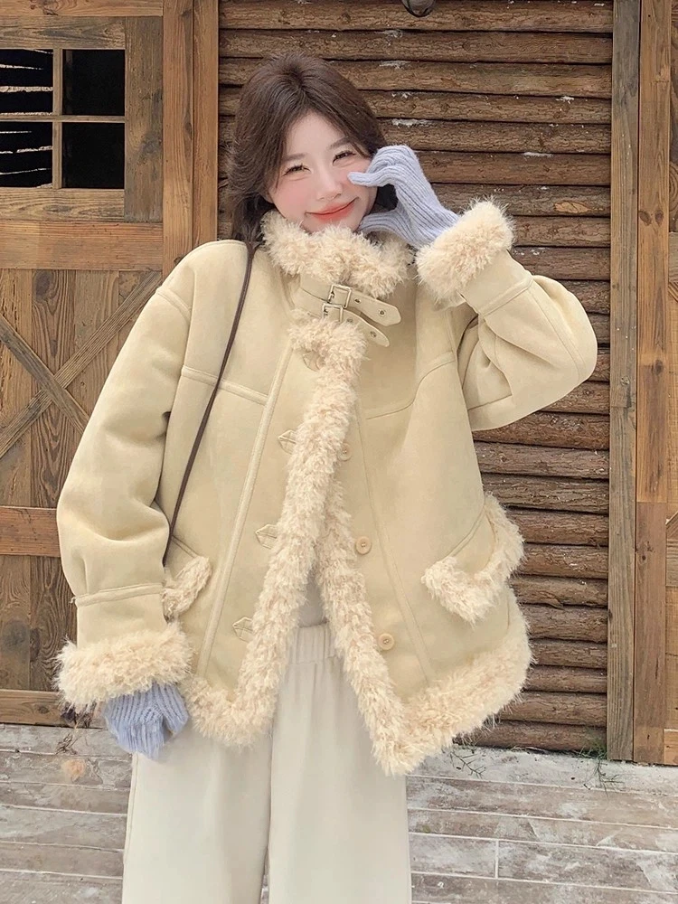 

Корейское модное ретро женское розовое, желтое лоскутное пальто с длинными рукавами, теплое бархатное хлопковое пальто, 2025 зимние праздничные топы, популярные толстые