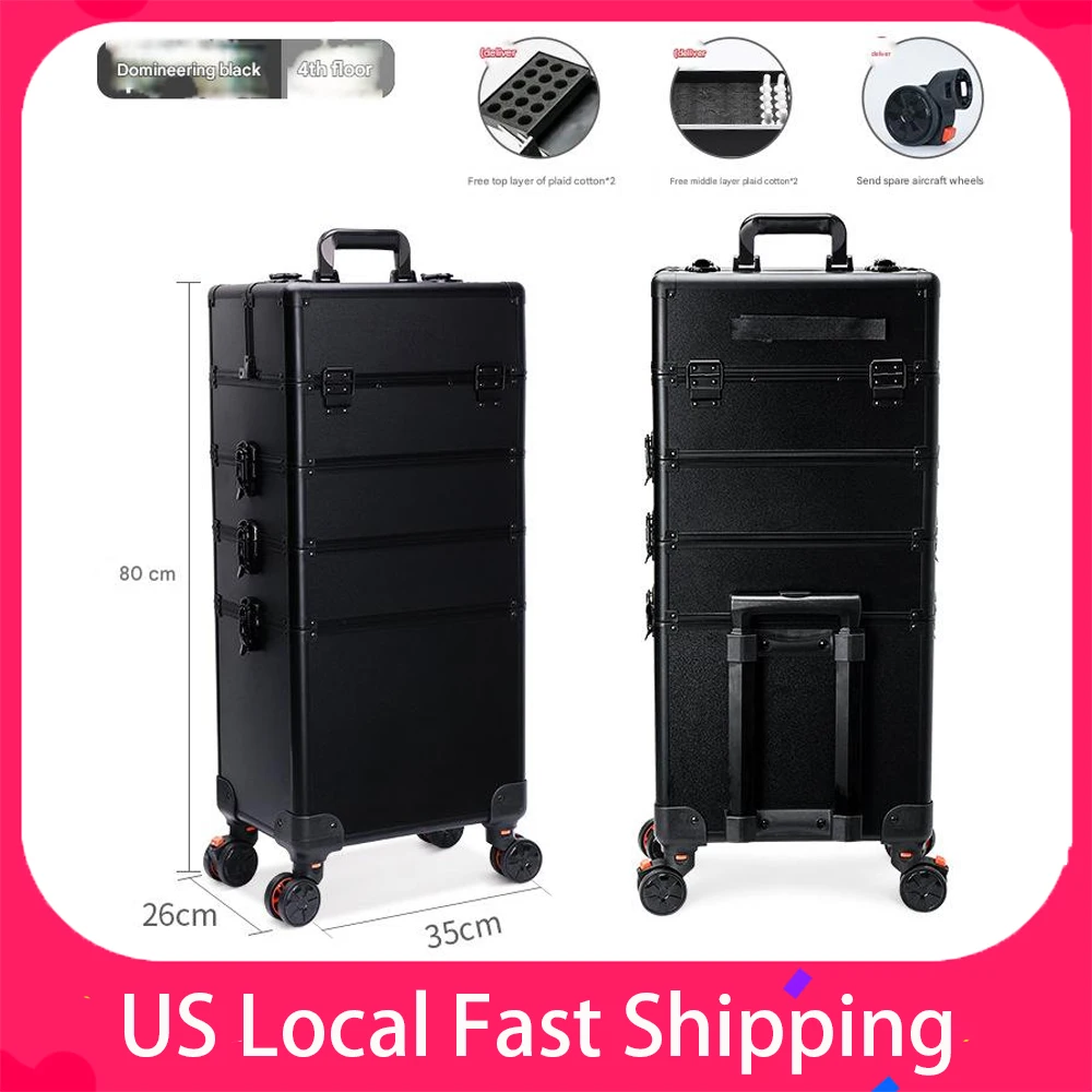 Makeup Trolley Case Detachable 4 in 1 Professional Makeup Train Case Large Capacity Aluminum Rolling Cosmetic Case On Wheels