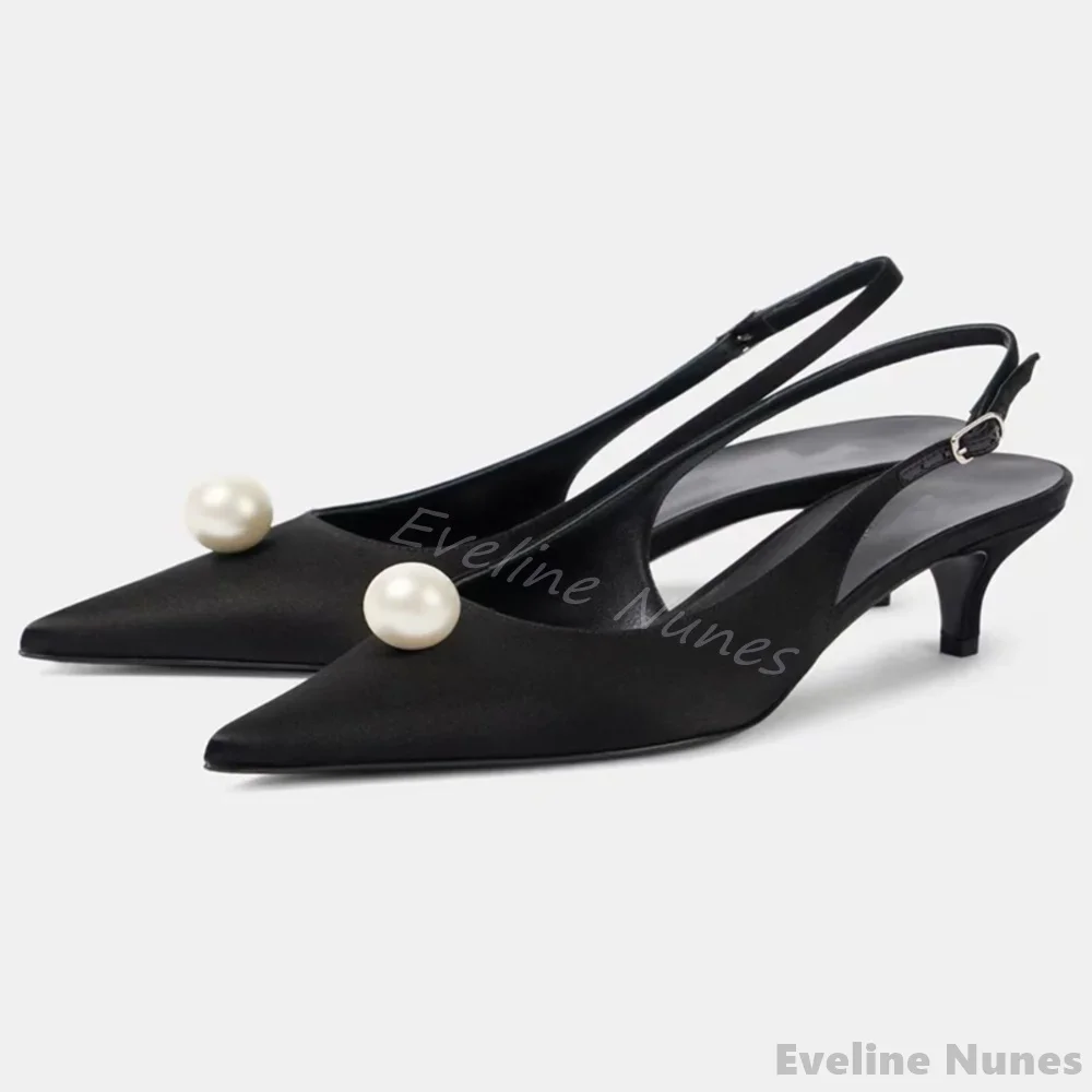 

Pearl Pointed Toe Kitten Heel High Heels Women Sexy Shallow Back Strap Black Pumps 2025 Summer New Fashion Outdoor Slippers