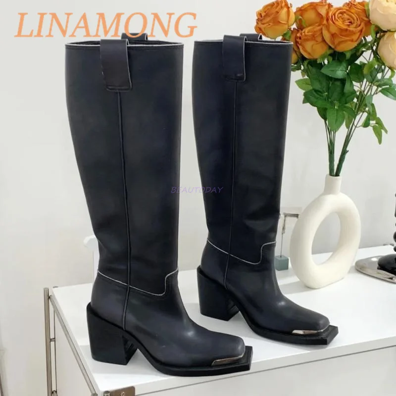 Retro Polished Vintage Long Boots Simple Style Thick Heel and Square Head Metal Iron Plate Knee Length Sleeve Knight Boots