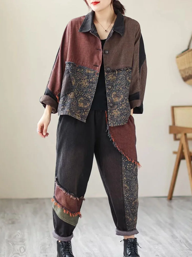 Masss Wasss 2023 Spring Two Pieces Sets Womens Fashion Denim Outfits Vintage Printed Jackets Classic Jeans Fashion Pants Suits