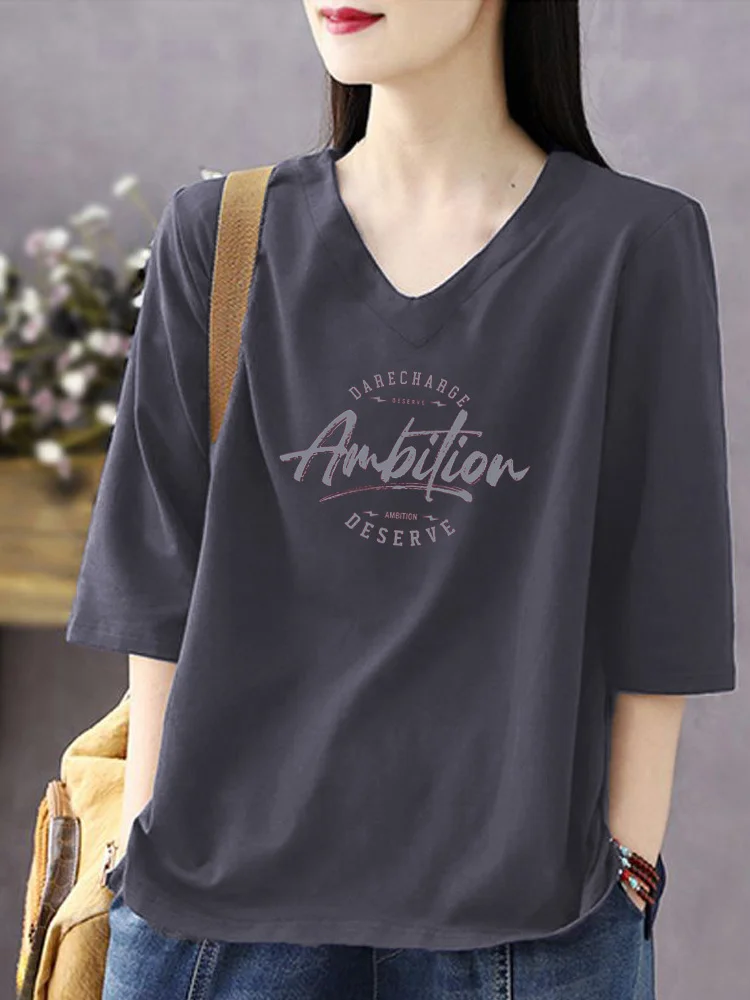 

Spring Summer Loose Fit Cotton V-Neck T-Shirt Women's Base Layer Shirt Seven-Quarter Sleeve Chicken Heart Neck Top
