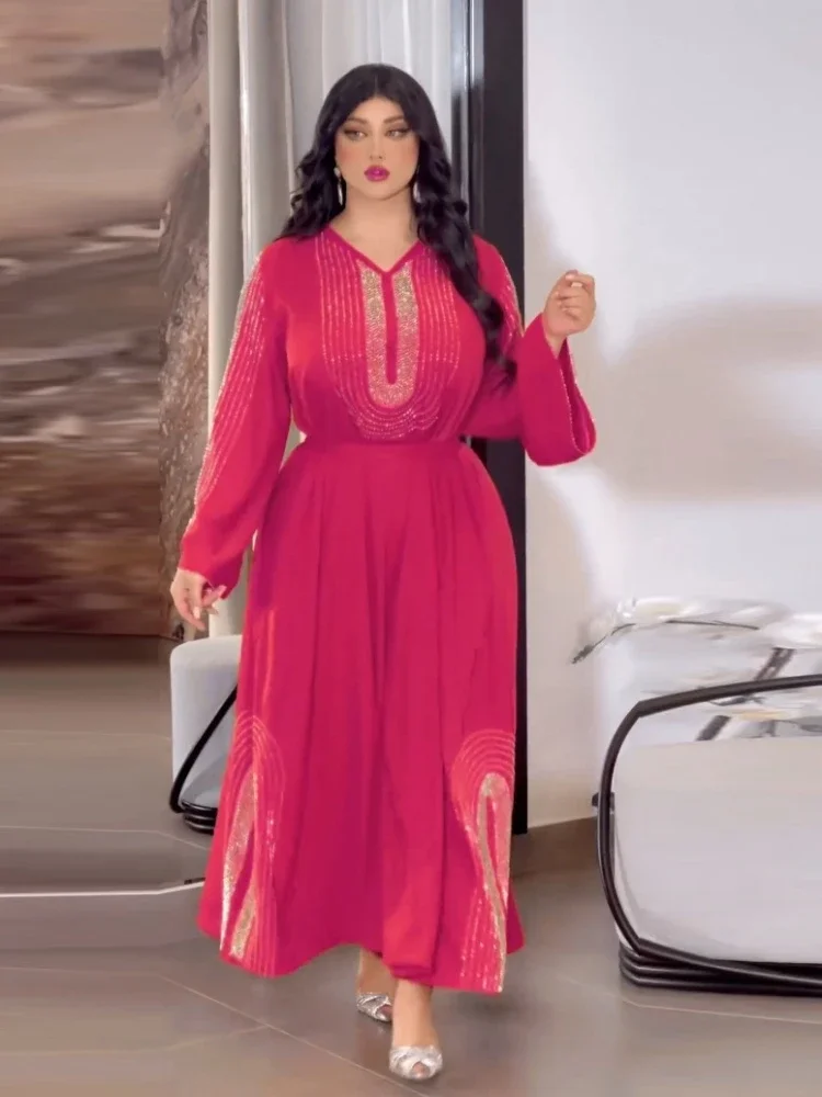 Eid Muslim Party Dress Women Jalabiya Abaya Diamond V Neck Morocco Dresses Ramadan Lace-up Abayas Kaftan Islam Dubai Arab 2024