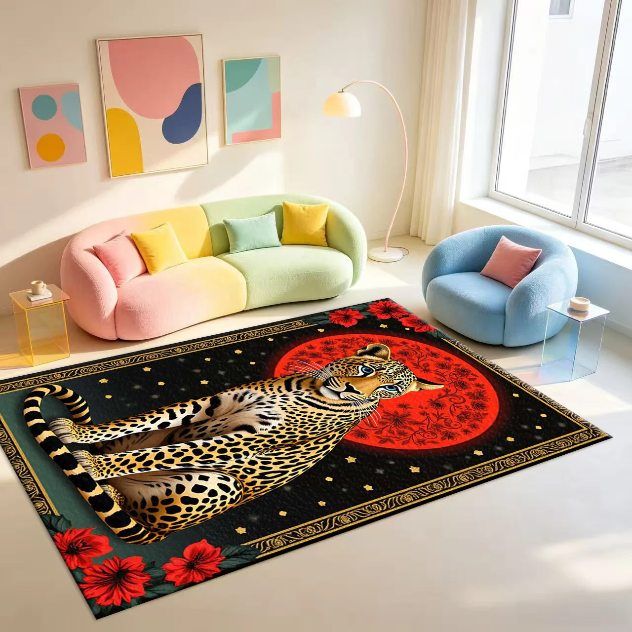 Exotic Leopard Print Red Floral Border Carpet Floor Luxury Animal Art Home Floor Carpet