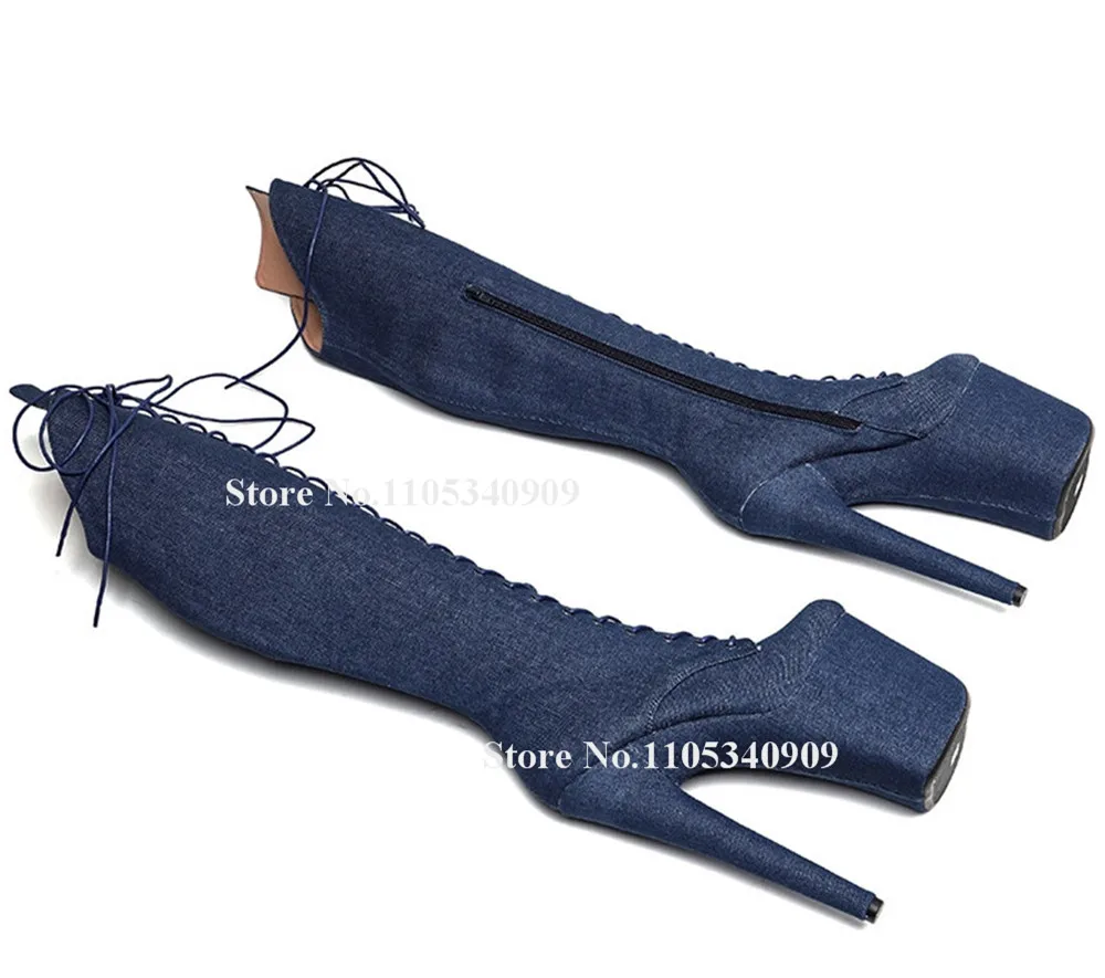 Bondarenko Blue Denim Stiletto Heel Knee High Boots Round Toe Lace-up High Platform 20cm Thin Heel Stage Dance Shoes