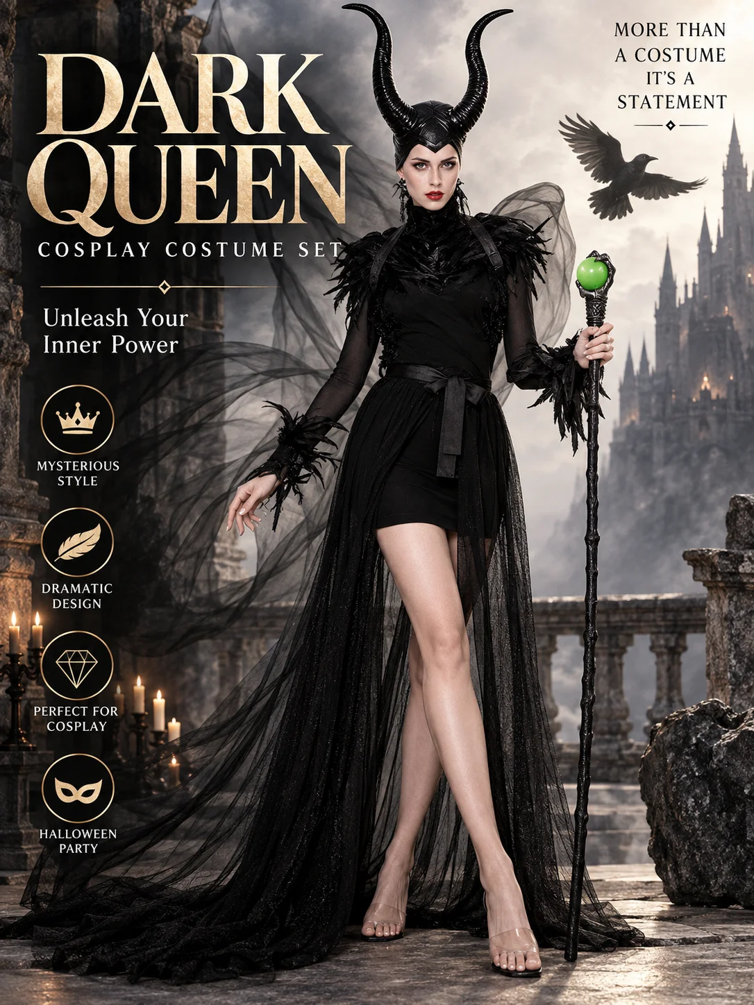 Women Dark Horned Fairy Costume Set Black Mesh Dress Wings Gloves Headpiece Halloween Cosplay Party Gothic Outfit