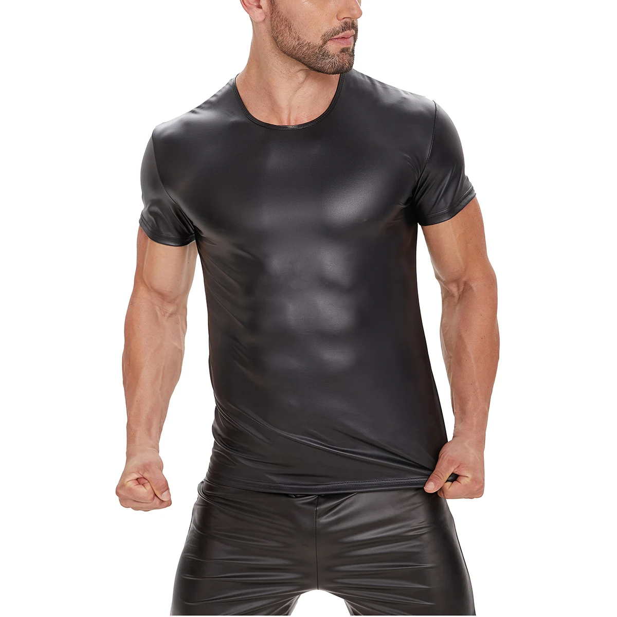 Plus Size Mens Shiny Leather T-shirt Short Sleeve Soft Matte Leather Tees Male High Elastic O-neck Shaping Vest Sexi