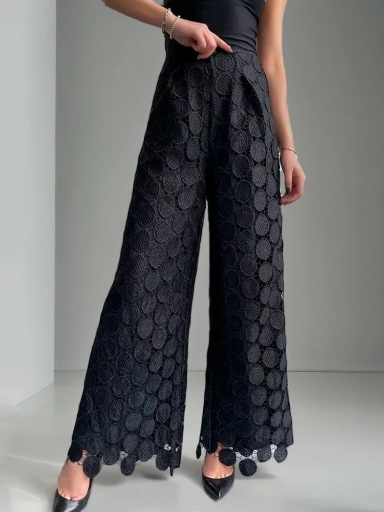 Minimalistische Solide Patchwork Stippen Lange Broek Voor Vrouwen Hoge Taille Gesplitste Rits Casual Wijde Pijpen Damesmode Stijl Nieuw