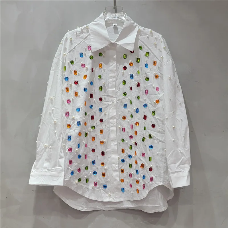 Women Rainbow Color Diamonds Beaded Shirts Loose Pearls Beading Blouses Medium Length Rhinestones Cardigan Single Breasted Tops