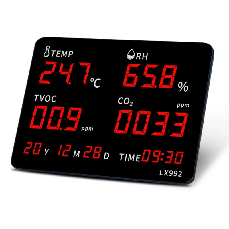 Temper and humidity meter carbon dioxide indoor air quality formaldehyde detection and monitoring instrument TVOC PM me clock