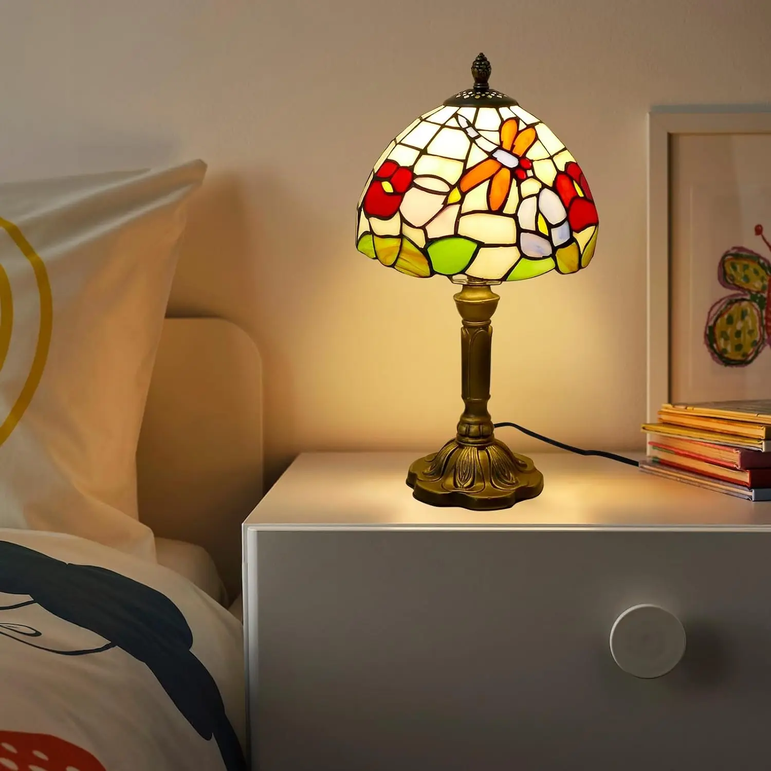 

Style Lamp Desk Lamps Base Vintage Reading Lamp Handmade Stained Glass Gifts Resin Beautiful Dragonfly and Flower