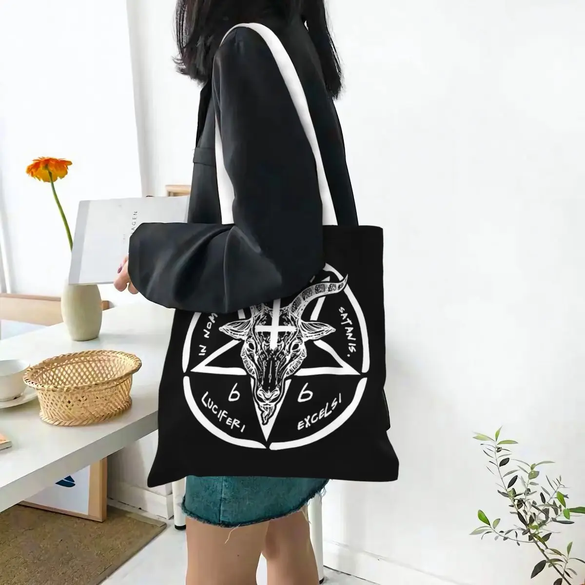 Occult Satanic Pentagram Shopping Bags Canvas The Tote Bag Foldable for Ladies Shoulder Tote Travel Handbag